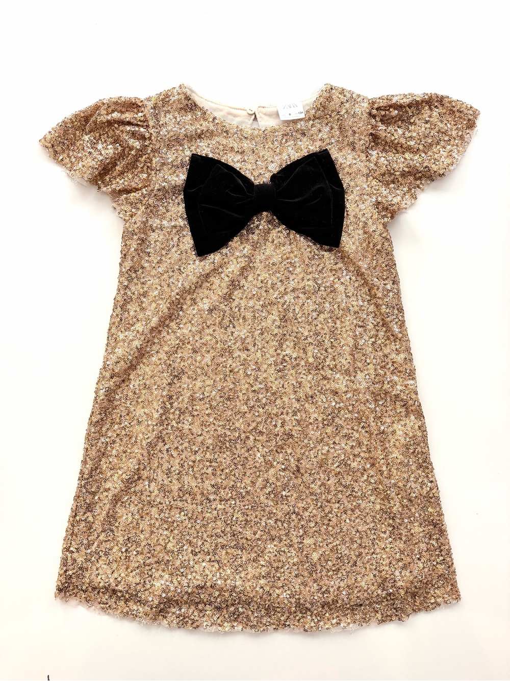 Zara Girls Rose Gold Sequin Party Dress w/ Black Velvet Bow Size 9